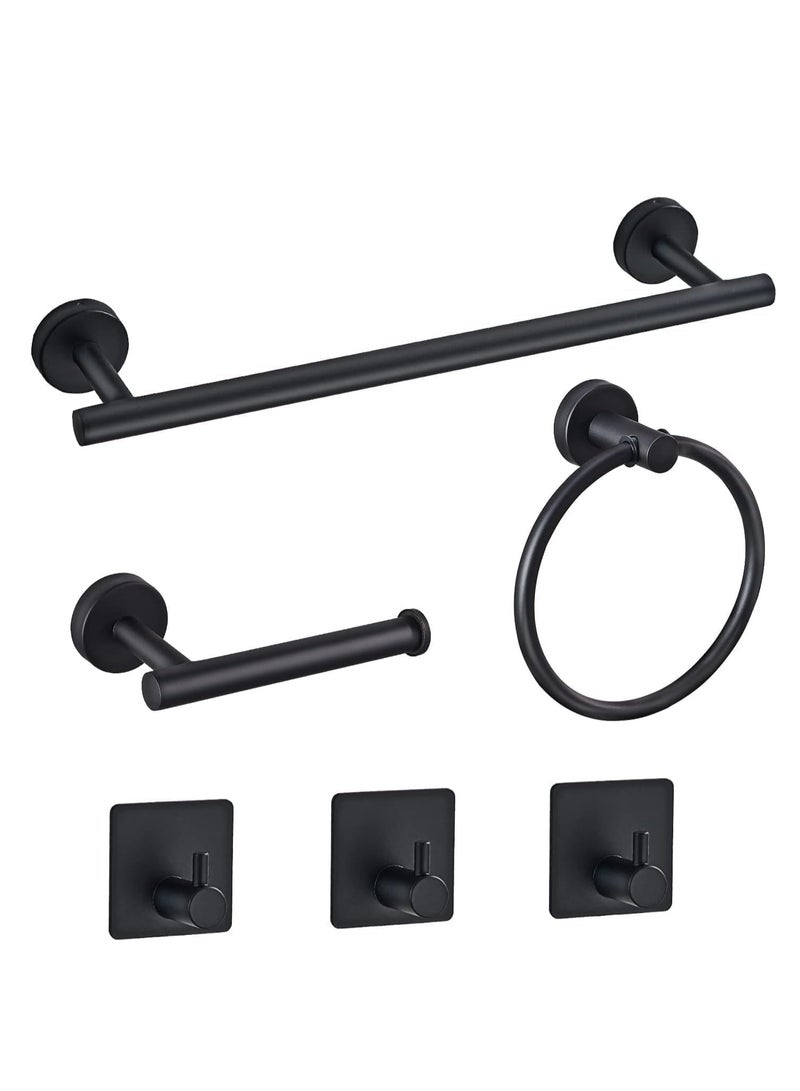 تراسل طقم أدوات حمام مكون من 6 قطع، أدوات حمام مستديرة من الفولاذ المقاوم للصدأ مثبتة على الحائط - يتضمن عمود منشفة يد 16 بوصة، حلقة منشفة، حامل مناديل الحمام، 3 خطافات منشفة روب، طقم إكسسوارات حمام (أسود) - Image 1