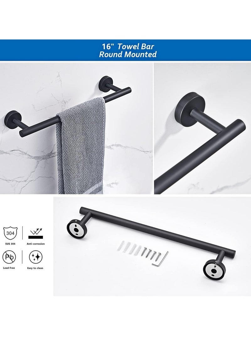 تراسل طقم أدوات حمام مكون من 6 قطع، أدوات حمام مستديرة من الفولاذ المقاوم للصدأ مثبتة على الحائط - يتضمن عمود منشفة يد 16 بوصة، حلقة منشفة، حامل مناديل الحمام، 3 خطافات منشفة روب، طقم إكسسوارات حمام (أسود) - Image 4