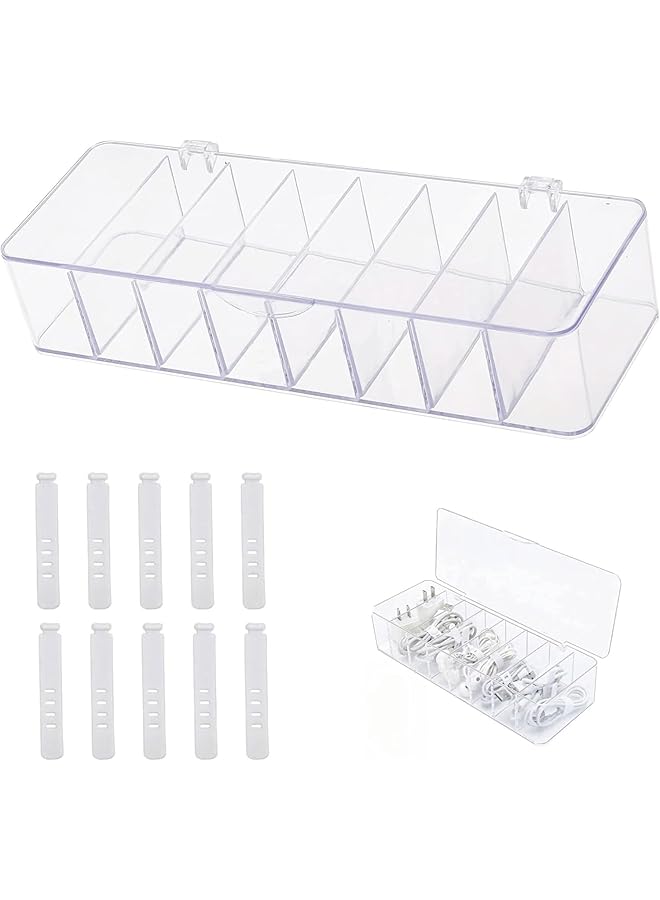PROMASS promass Clear Plastic Cable Management Box with Lid - Cable Organizer Box with 8 Compartments & 10 Cable Ties - Sturdy Material - Easy to Clean - Dustproof 