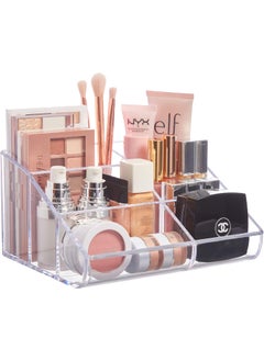 STORi STORi Clear Plastic Vanity Makeup Organizer | 6-Compartment Holder for Brushes, Eyeshadow Palettes, & Beauty Supplies | Curved Front Design | Made in USA 