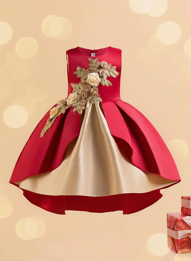 تايك تو Girls Burgundy Embellished Sleeveless Pleated Dress