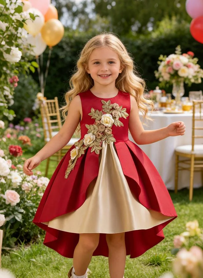 تايك تو Girls Burgundy Embellished Sleeveless Pleated Dress