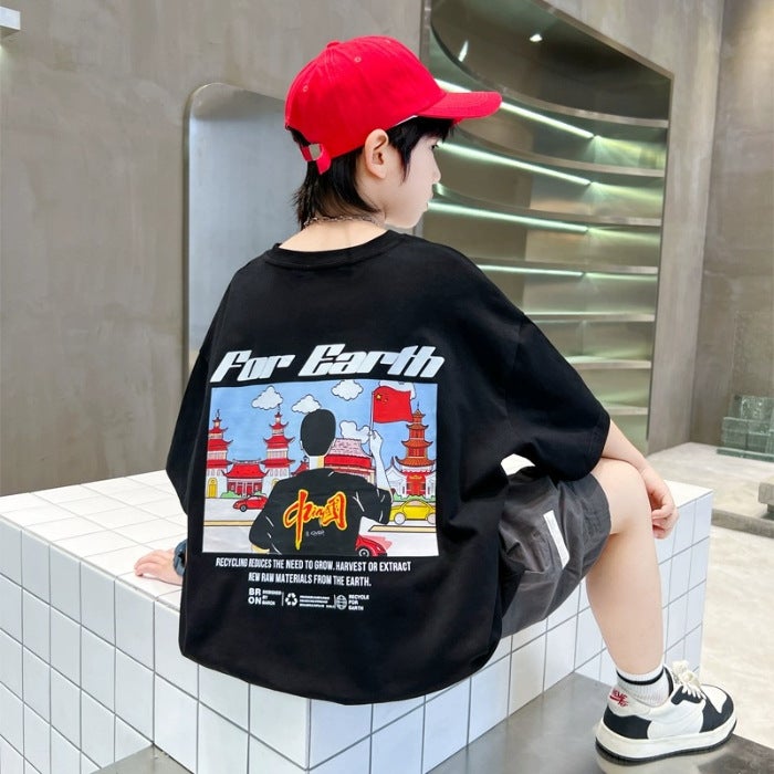 Summer Boys' Short-Sleeve T-Shirt, Children'S Loose Half-Sleeve Trendy Pure Cotton Top For Older Kids, 2026 New Loose Letter Print Shirt - Image 1
