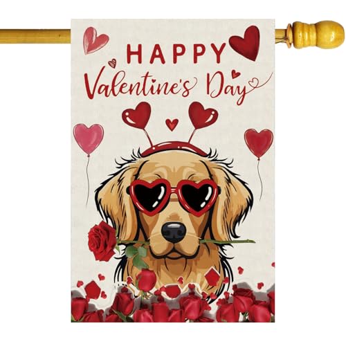 ZAEW Happy Valentine’s Day Romantic Roses Love Hearts Balloon Dog House Flag Big Large Burlap 28X40 Inch Vertical Double Sided Outside Yard Holiday Outdoor Farmhouse Decoration - Image 1