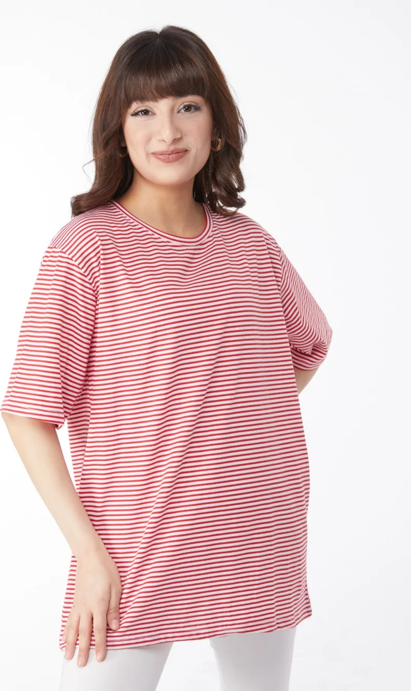 Tofisa Plain Crew Neck Women's Red Striped T-Short - 25119