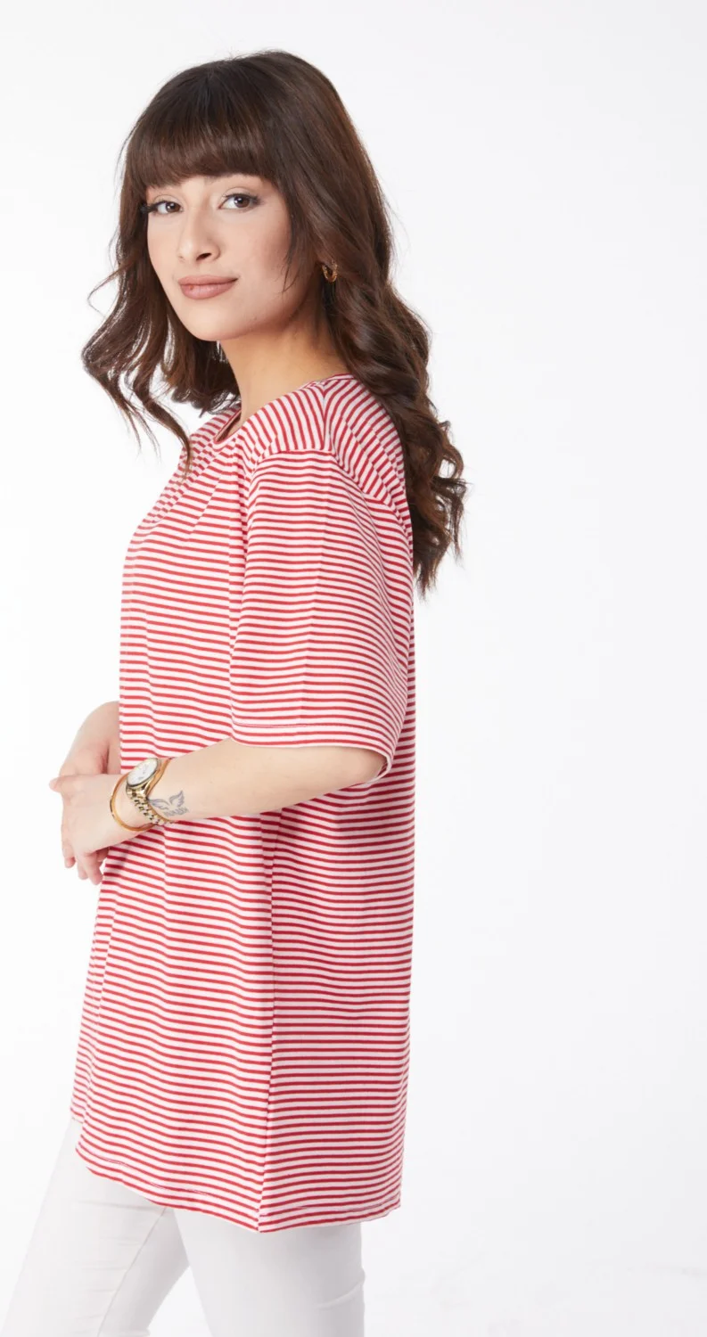 Tofisa Plain Crew Neck Women's Red Striped T-Short - 25119