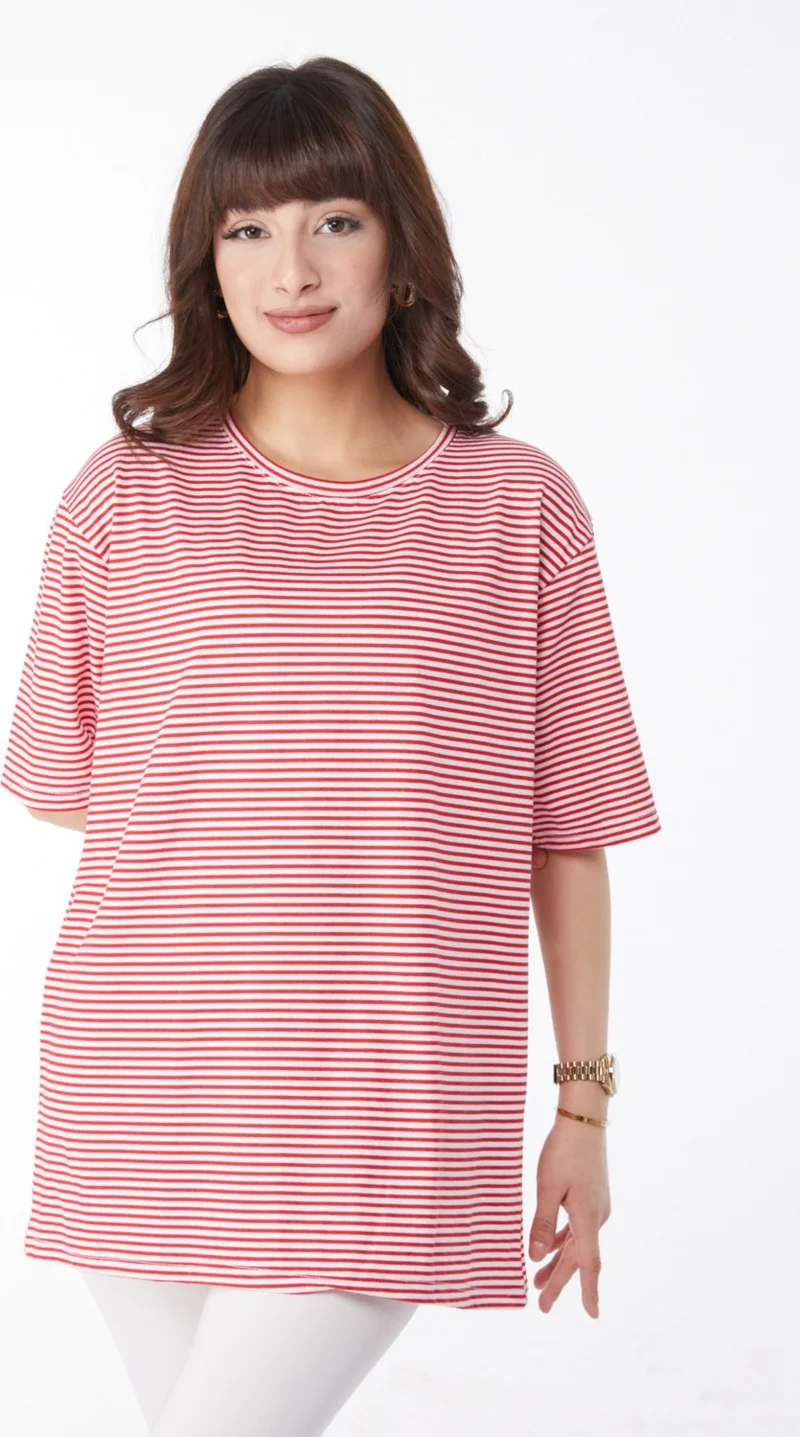 Tofisa Plain Crew Neck Women's Red Striped T-Short - 25119