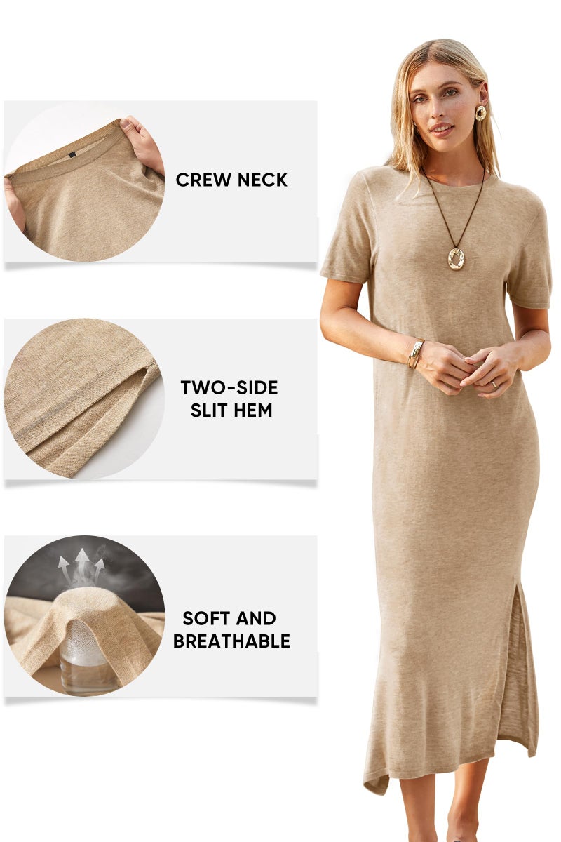 Arach&Cloz Womens Summer Wool Blend T Shirt Maxi Dress 2026 Spring Casual Short Sleeve Crew Neck Slit Fashion Sweater Knit Long Dresses Trendy Travel Vacation Outfits Kahki XL - Image 4