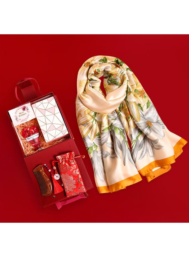 Hang Silk House Hangsifu Silk Scarf Gift Box, Women's Scarf Set, Group Purchase Shawl, Outer Wrap, Birthday Gift For Mom, Gift For Elders, Jade Soft + Comb - Image 1