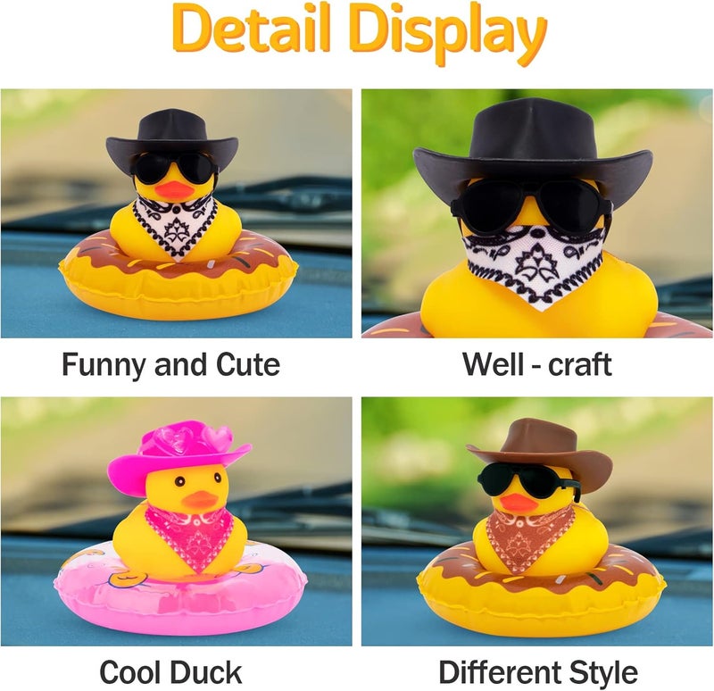wonuu Car Rubber Duck Decoration, West Cowboy Duck Car Dashboard Decoration Accessories with Mini Swim Ring Cowboy Hat Scarf and Sunglasses(C_Pink Scarf Cowboy&Pink hat&Love Heart Glasses) UV resistant - Image 5