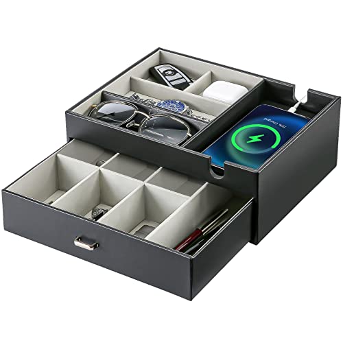 ProCase 2 Layers Valet Tray Gift for Men Nightstand Organizer EDC Dump Catchall Trays with Phone Charging Station Dresser Top Table Beside Entryway Storage Box Black - Image 1