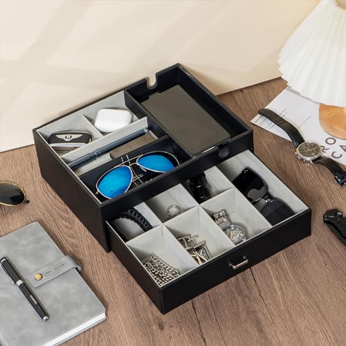 ProCase 2 Layers Valet Tray Gift for Men Nightstand Organizer EDC Dump Catchall Trays with Phone Charging Station Dresser Top Table Beside Entryway Storage Box Black - Image 3