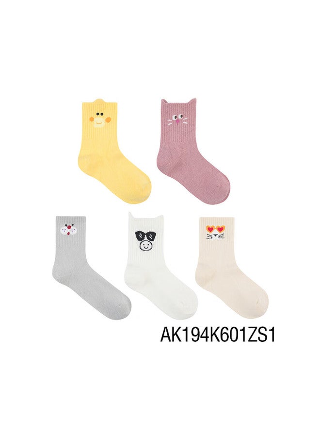 Aimer Kids Autumn Winter Socks 3a Antibacterial Deodorant Girls Short Socks 5 Pairs Combed Cotton Cute Animals Age 7-10 - Image 1