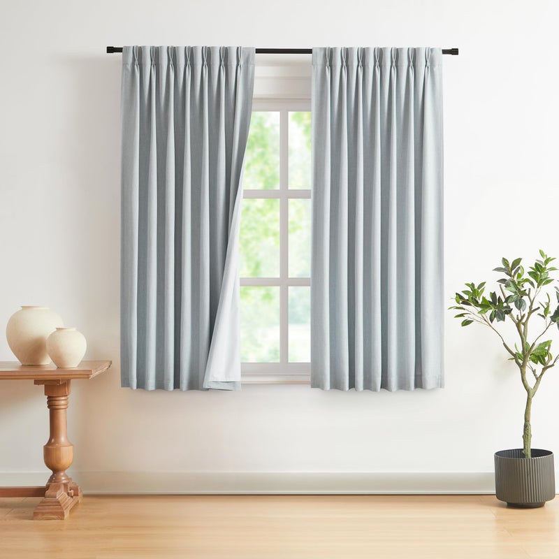 Vision Home Blue Gray Pinch Pleated Full Blackout Curtains Linen Blended Room Darkening Window Curtains 72 inch for Living Room Bedroom Thermal Insulated Pinch Pleat Drapes with Hooks 40" Wx72 Lx2 - Image 1