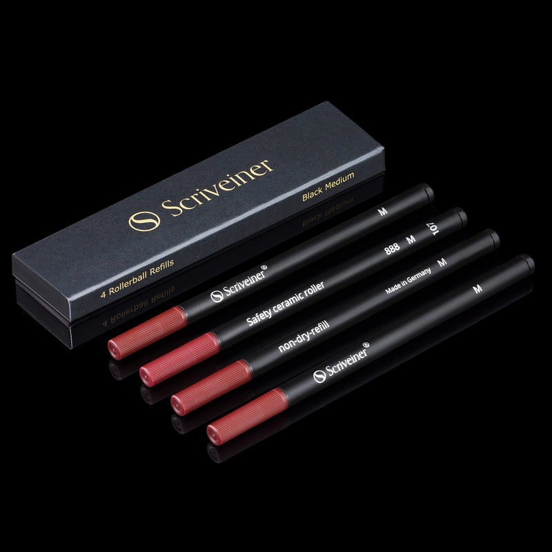 Scriveiner Rollerball Refill Black Medium - 4 Rollerball Refills Designed for Scriveiner Pens - Safety Ceramic Non Dry Roller Pen Refill M - Schmidt 888 Size â€“ Made in Germany - Image 1