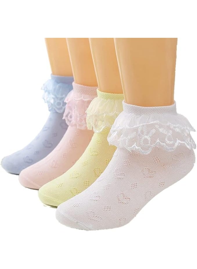 SUNSAR 4 Pack Girls Ruffle Socks Double Lace Frilly Dress Socks Kids Turn Cuff Socks with Mesh Lace Trim Frilly Eyelet Princess Dress Socks - Image 1