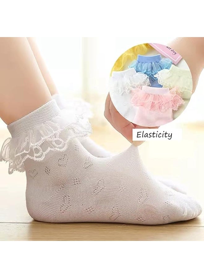 SUNSAR 4 Pack Girls Ruffle Socks Double Lace Frilly Dress Socks Kids Turn Cuff Socks with Mesh Lace Trim Frilly Eyelet Princess Dress Socks - Image 3