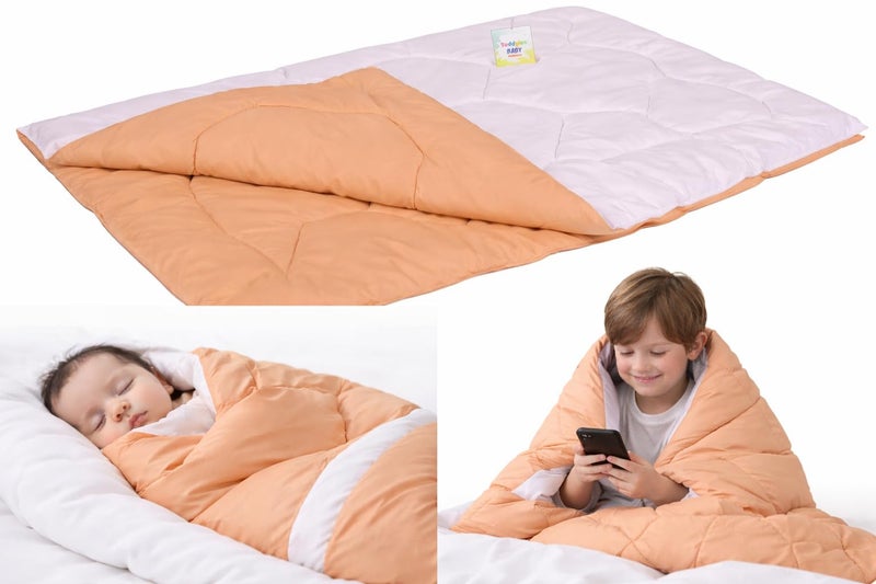 Toddylon Baby Comforter Soft Cotton Reversible Blanket for Up to 7-8 Years Kids AC Quilt for Newborn Infant Toddler Lightweight All Season Bedding Boys Girls 152x101 cm (Peach & White) - Image 1