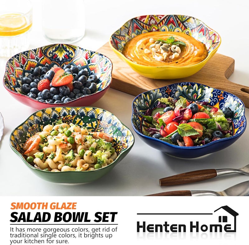 Henten Home Henten Home Ceramic Salad Bowls Set of 4 Lotus Style 20 oz Porcelain Bowls for Soup Snack Ice Cream Serving Dish Bowl Dishwasher  Microwave Safe  - Image 5