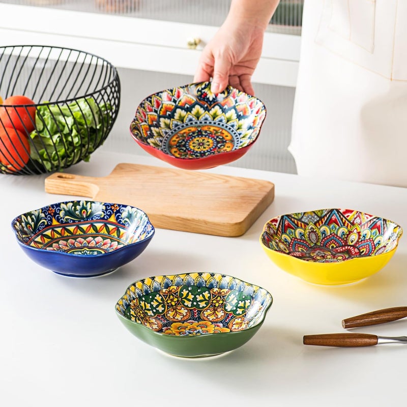 Henten Home Henten Home Ceramic Salad Bowls Set of 4 Lotus Style 20 oz Porcelain Bowls for Soup Snack Ice Cream Serving Dish Bowl Dishwasher  Microwave Safe  - Image 3