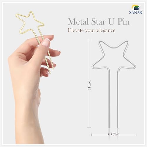 Sanas Star Metal Hair Pin (2Pcs) Holder Clip Hair Barrettes Unique Embellished U Sticks Fork Decoration Chopsticks for Women and Girls (2Pcs) (Golden & Silver) - Image 2