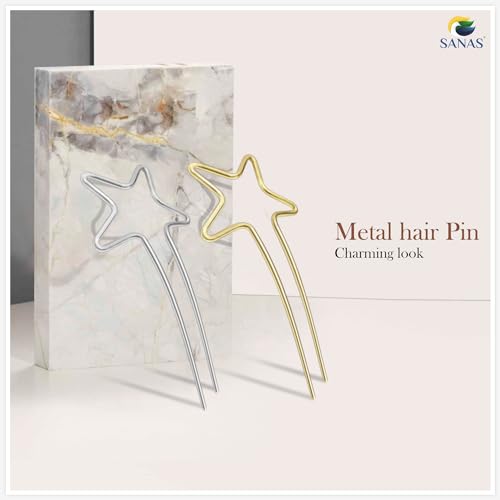 Sanas Star Metal Hair Pin (2Pcs) Holder Clip Hair Barrettes Unique Embellished U Sticks Fork Decoration Chopsticks for Women and Girls (2Pcs) (Golden & Silver) - Image 5