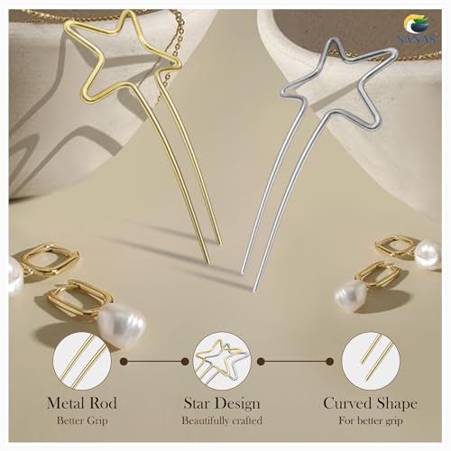 Sanas Star Metal Hair Pin (2Pcs) Holder Clip Hair Barrettes Unique Embellished U Sticks Fork Decoration Chopsticks for Women and Girls (2Pcs) (Golden & Silver) - Image 3