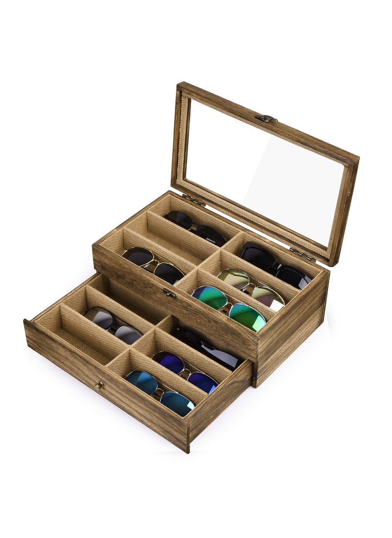 SRIWATANA SRIWATANA Sunglasses Case Organizer for Women Men 12 Slot Wood Eyeglass Eyewear Display Box with Glass Top Gifts for Loved One Carbonized Black 