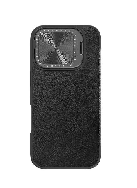 Qin Prop Series Leather Case for Apple iPhone 16 Pro Max (2024) – Classic Black, Flip Camera Cover with Lens Kickstand