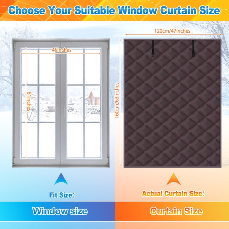 Fanfanwin 1 Pcs 63 x 47 Inches Window Insulation Curtain Kit Winter Thermal Window Cover with Fastener Oxford Cloth 2 Layer Thick Cotton Filled Loop Strips Insulation Kit for Keeping Warm (Brown) - Image 2