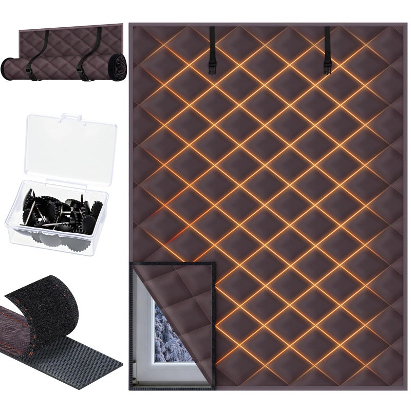 Fanfanwin 1 Pcs 63 x 47 Inches Window Insulation Curtain Kit Winter Thermal Window Cover with Fastener Oxford Cloth 2 Layer Thick Cotton Filled Loop Strips Insulation Kit for Keeping Warm (Brown) - Image 1