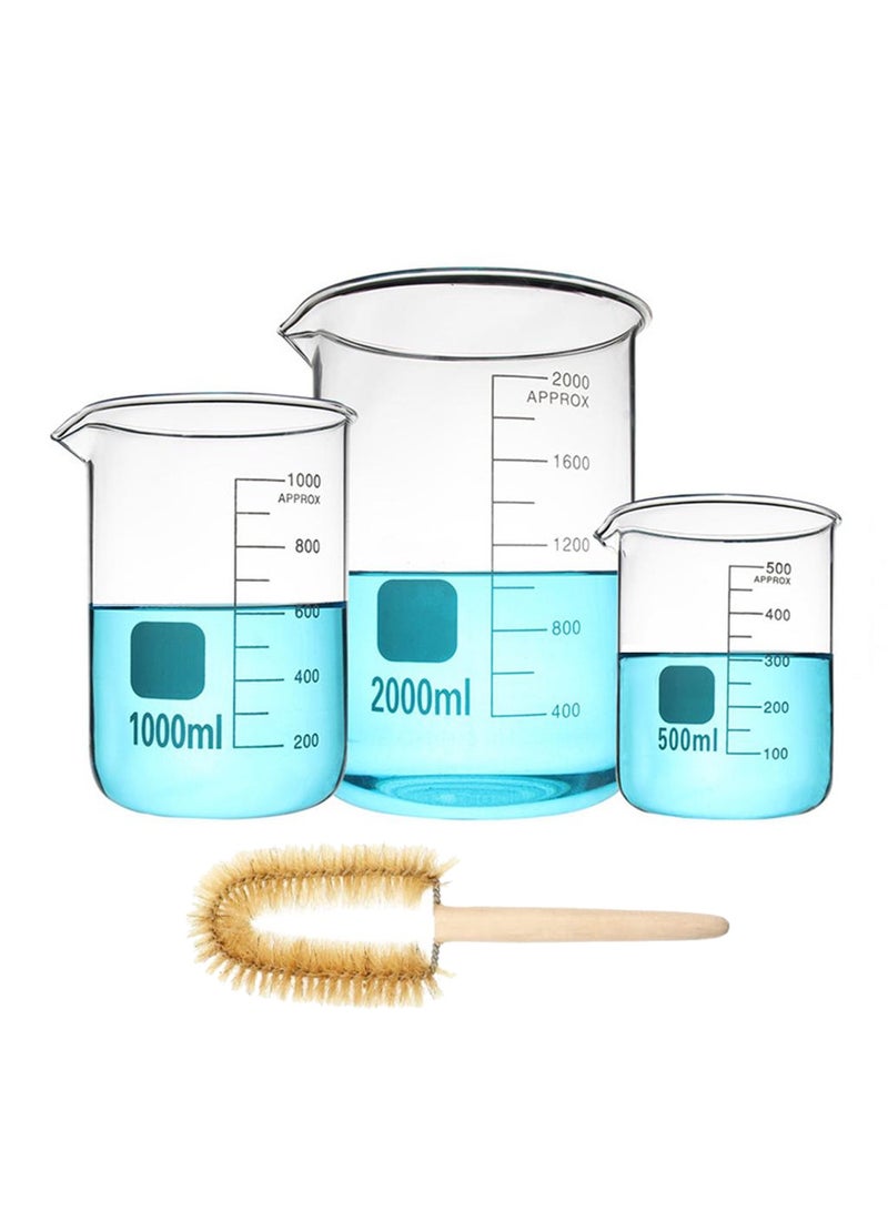 كينغ ماريوت مجموعة من 3 أوعية زجاجية من زجاج البوروسيليكات السميك منخفضة الشكل بسعات 500 مل، 1000 مل، و 2000 مل مع فرشاة واحدة.