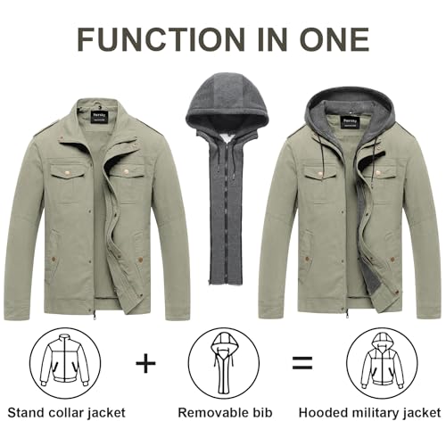 Pursky Jacket Men Jackets Fashion Military Windbreaker Men's Casual Canvas Cotton Outerwear Hooded Utility Tactical Fleece Coat Light Olive 2Xl - Image 2