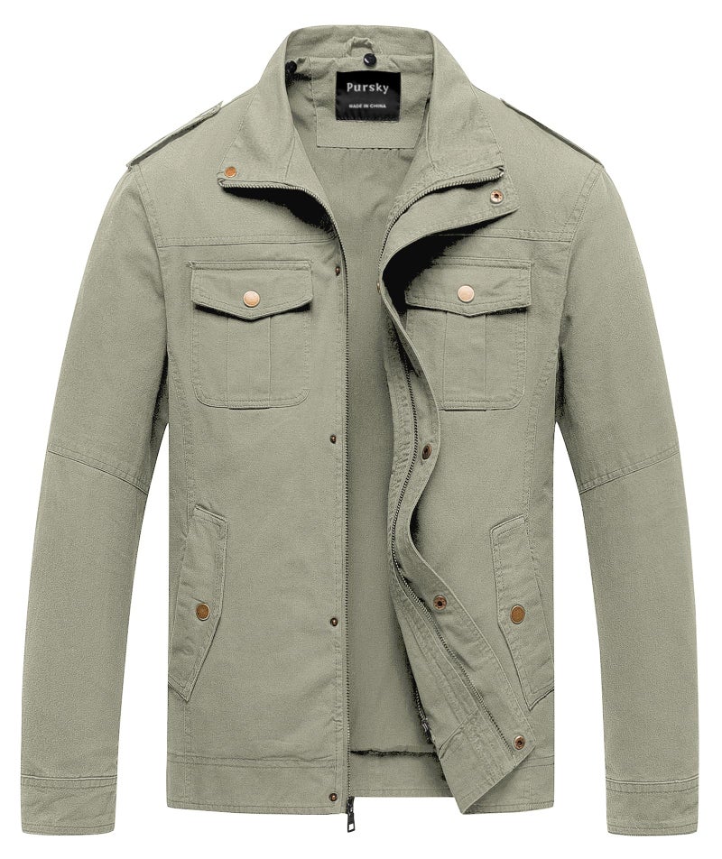 Pursky Jacket Men Jackets Fashion Military Windbreaker Men's Casual Canvas Cotton Outerwear Hooded Utility Tactical Fleece Coat Light Olive 2Xl - Image 1