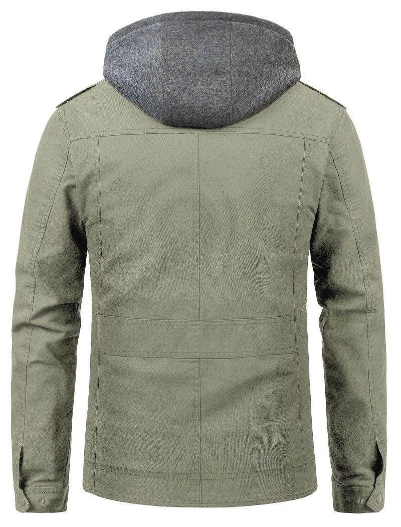 Pursky Jacket Men Jackets Fashion Military Windbreaker Men's Casual Canvas Cotton Outerwear Hooded Utility Tactical Fleece Coat Light Olive 2Xl - Image 3