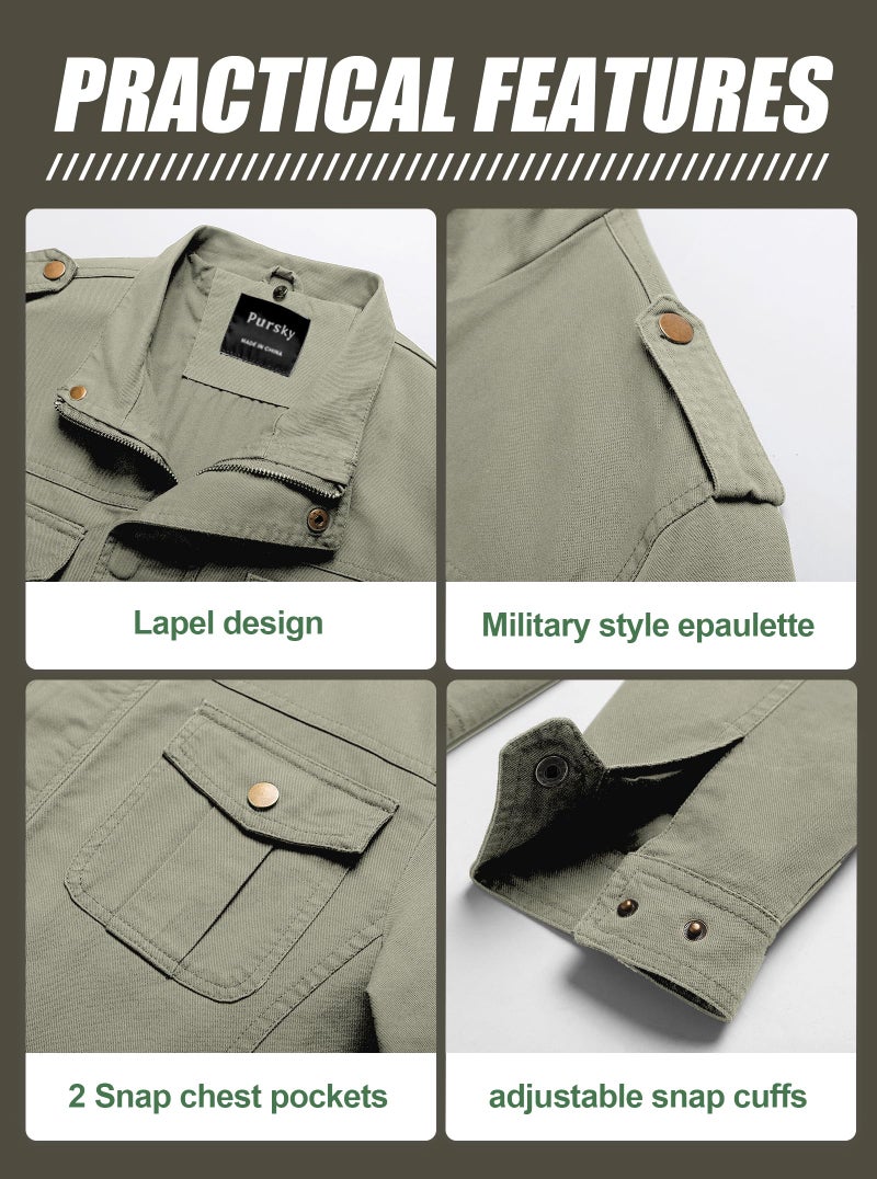 Pursky Jacket Men Jackets Fashion Military Windbreaker Men's Casual Canvas Cotton Outerwear Hooded Utility Tactical Fleece Coat Light Olive 2Xl - Image 5