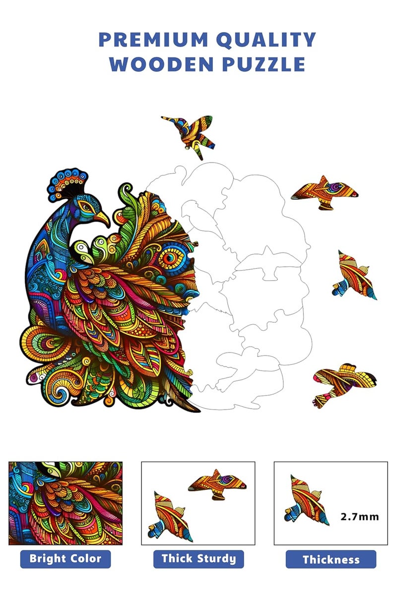 Webby Majestic Peacock Jigsaw Puzzle | Travel Game | Zentangle Art Design Wooden Puzzle Toy for Kids and Adults (22 Pieces) - Image 5