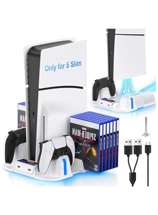 Topleo PS5 Slim Cooling Stand with Controller Charging Station for PS5 Slim Console(Digital/Disc), PS5 Slim Accessories Incl. 3 Levels Cooling Fan, 12 Pcs Game Storage for Playsation 5 Slim, White - Image 1