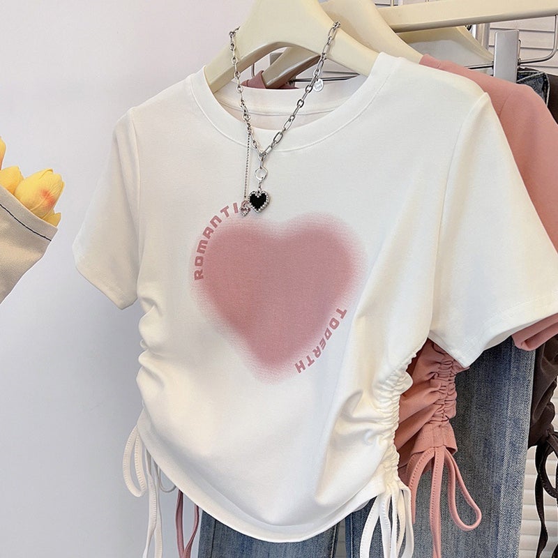Short-Sleeved T-Shirt Women'S Korean-Style Pink Shoulder Girl Slim-Fit Drawstring Design Sense Printed Round Neck Top Trendy - Image 4