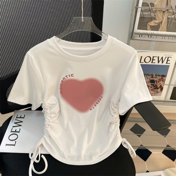 Short-Sleeved T-Shirt Women'S Korean-Style Pink Shoulder Girl Slim-Fit Drawstring Design Sense Printed Round Neck Top Trendy - Image 5