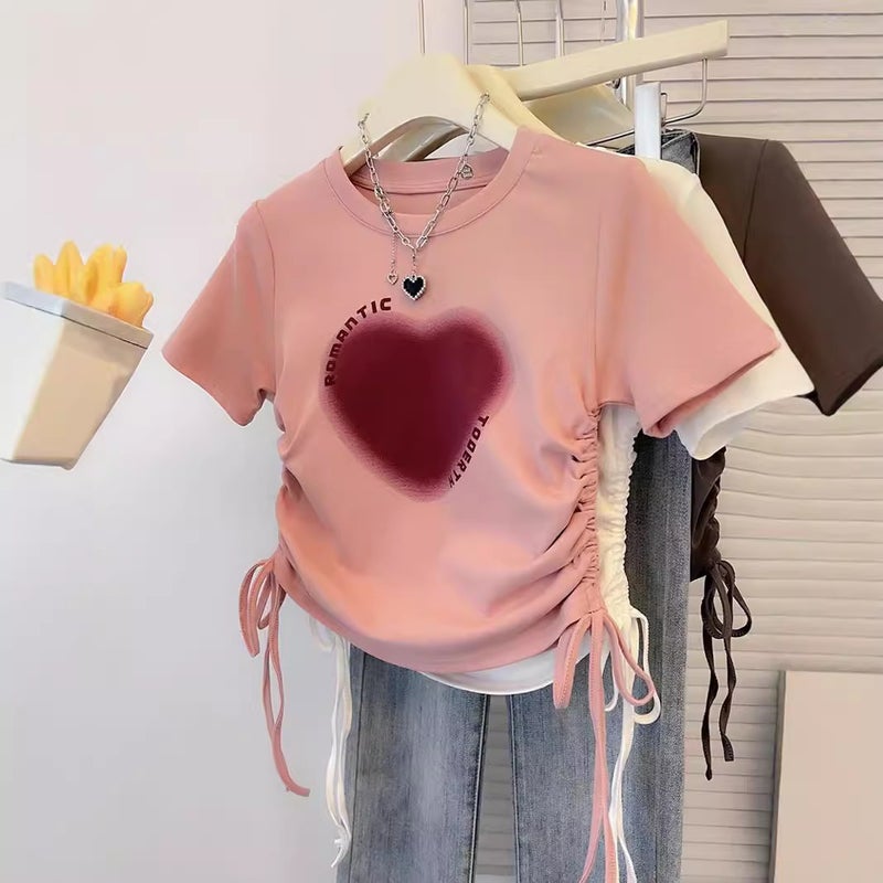 Short-Sleeved T-Shirt Women'S Korean-Style Pink Shoulder Girl Slim-Fit Drawstring Design Sense Printed Round Neck Top Trendy - Image 2
