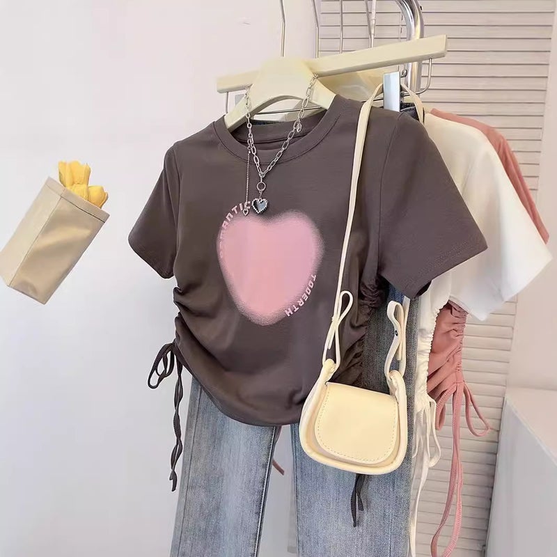 Short-Sleeved T-Shirt Women'S Korean-Style Pink Shoulder Girl Slim-Fit Drawstring Design Sense Printed Round Neck Top Trendy - Image 3