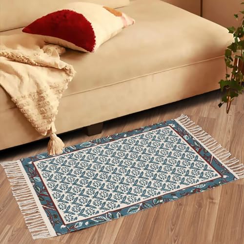 Villedomo Luxury Modern Dhurrie For Floor, Living Room & Bedroom | Drawing Room Dhurrie | Batik Blue | Dhurrie For Living Room Size - 2 X 3 Feet (60 X 90 Cm), Rectangular - Image 3
