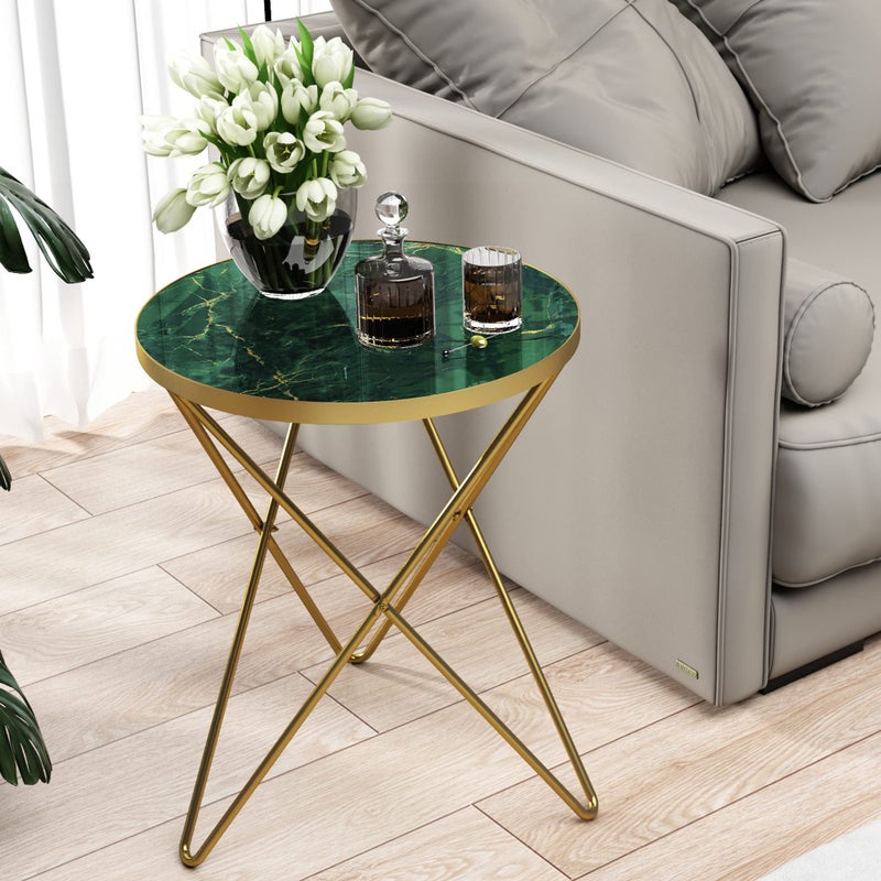 HLR Modern Round Side Table End Table with Marble Effect Top and Gold Metal Frame Small Side Table for Living Room Bedroom Sofa and Couch Gold Legs Green Marble top
