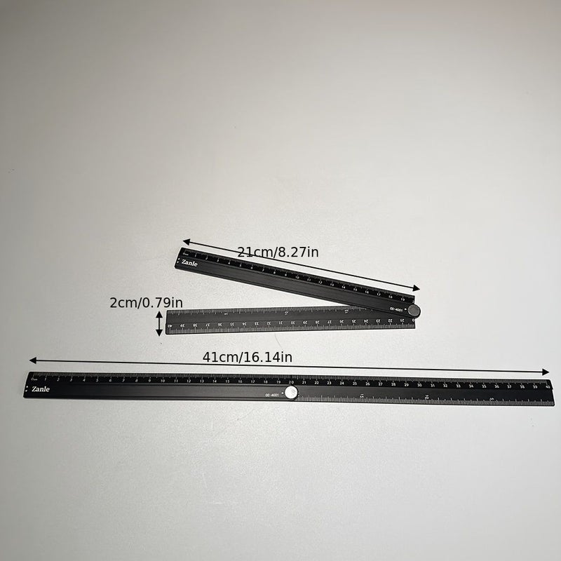 Black Aluminum Alloy Folding Ruler Portable Measuring Tool 15.75 Inch from 7.87 Inch with Scale Angle Values Centimeter Graduations Durable Metal Ruler for Office Engineering Drawing - Image 2