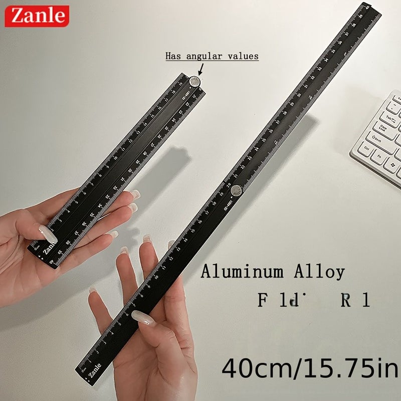 Black Aluminum Alloy Folding Ruler Portable Measuring Tool 15.75 Inch from 7.87 Inch with Scale Angle Values Centimeter Graduations Durable Metal Ruler for Office Engineering Drawing - Image 1