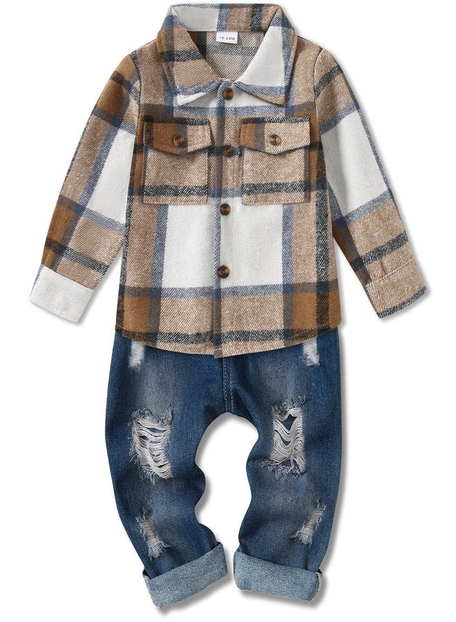 WESIDOM Toddler Boy Clothes Long Sleeve Collared Plaid Shirts Jacket Ribbed Jeans Pants with Pockets Set 3T 4T 5T Size 6 Toddlers Boys Fall Outfits 12 18 24M Baby Clothing - Image 1