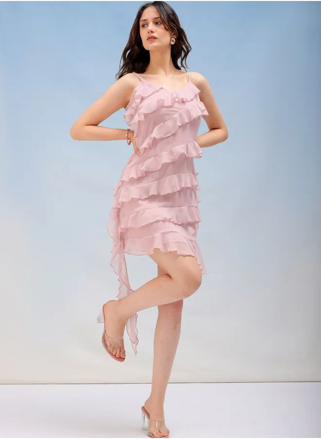 Freehand Women Fitted Party Wear Solid Ruffle Dress