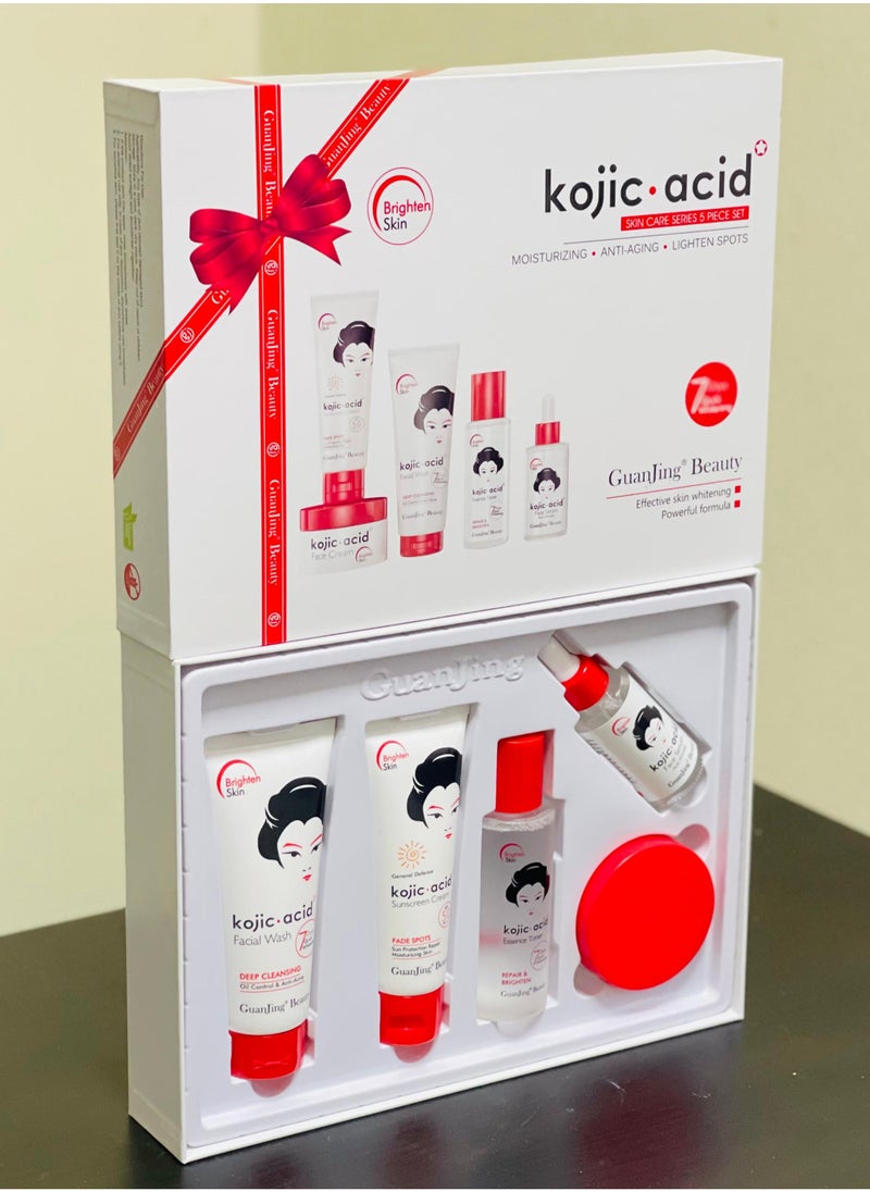 GUANJING Kojic Acid Skin Care Set 5 Pieces – Whitening Brightening Anti Dark Spots Hyperpigmentation Uneven Skin Tone with Cream Serum Toner Face Wash Sunscreen for All Skin Types  - Image 1