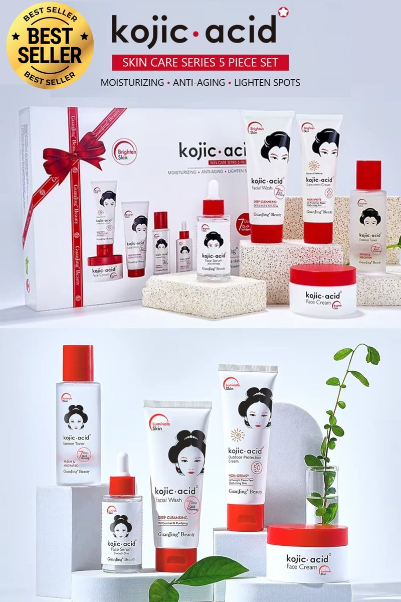 GUANJING Kojic Acid Skin Care Set 5 Pieces – Whitening Brightening Anti Dark Spots Hyperpigmentation Uneven Skin Tone with Cream Serum Toner Face Wash Sunscreen for All Skin Types  - Image 1